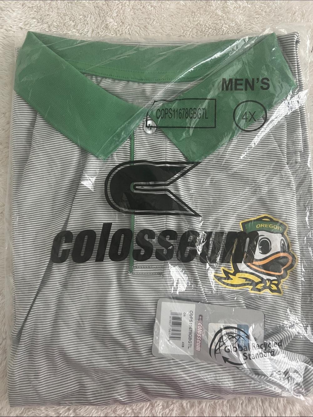 OREGON DUCKS Men's Gray & White Stripe Polo with Green Collar and DUCK LOGO.